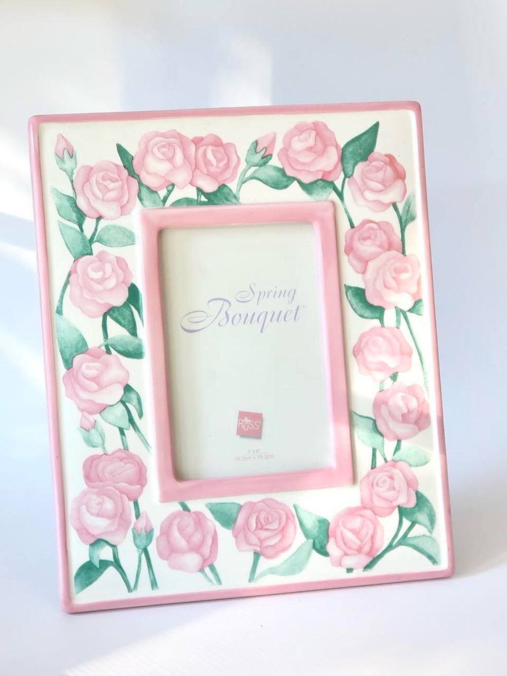 Vintage Russ Spring Bouquet Ceramic Rose Picture Frame Pink Floral 4x6